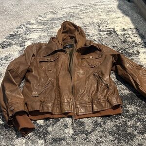 Stylish Brown Leather Jacket with Hood